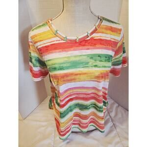 90's Alfred Dunner PM "Tiki Time" Bright Watercolor Stripe Print Top Tropical